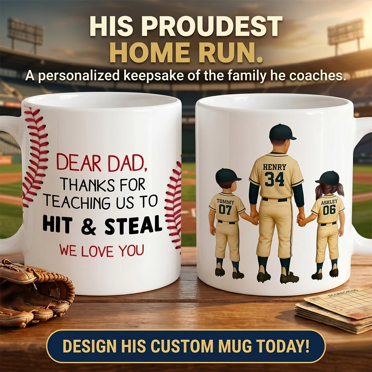 Thank You For Teaching Us To Hit & Steal Baseball Dad & Kids - Personalized Mug - Father's Day Gift For Dad, Husband - Image 8