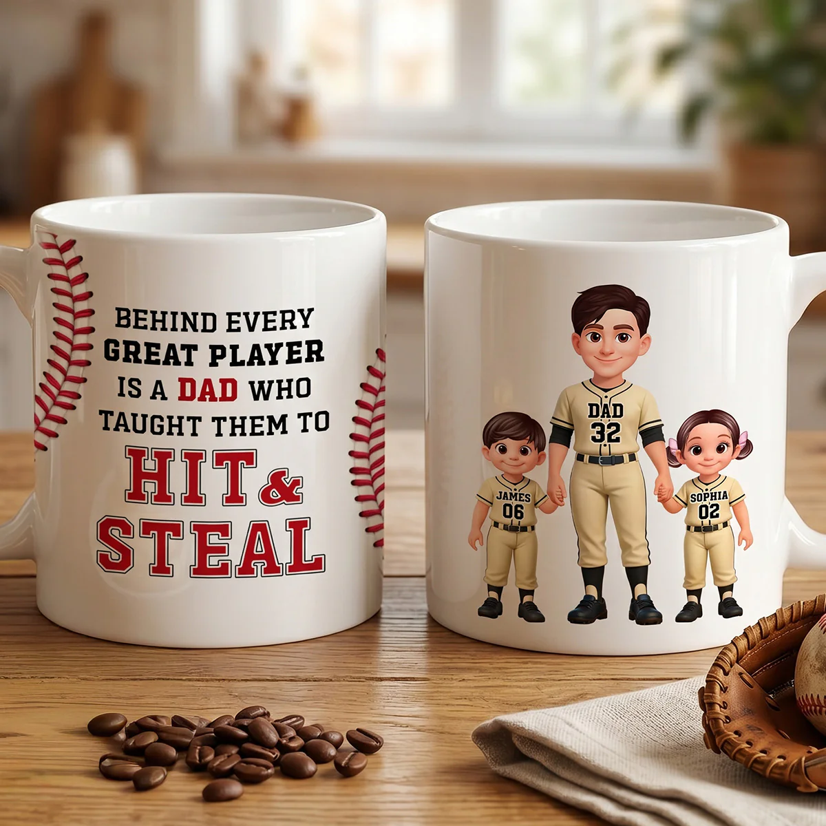 Thank You For Teaching Us To Hit & Steal Baseball Dad & Kids Standing - Personalized Mug - Father's Day Gift For Dad, Husband - Image 2