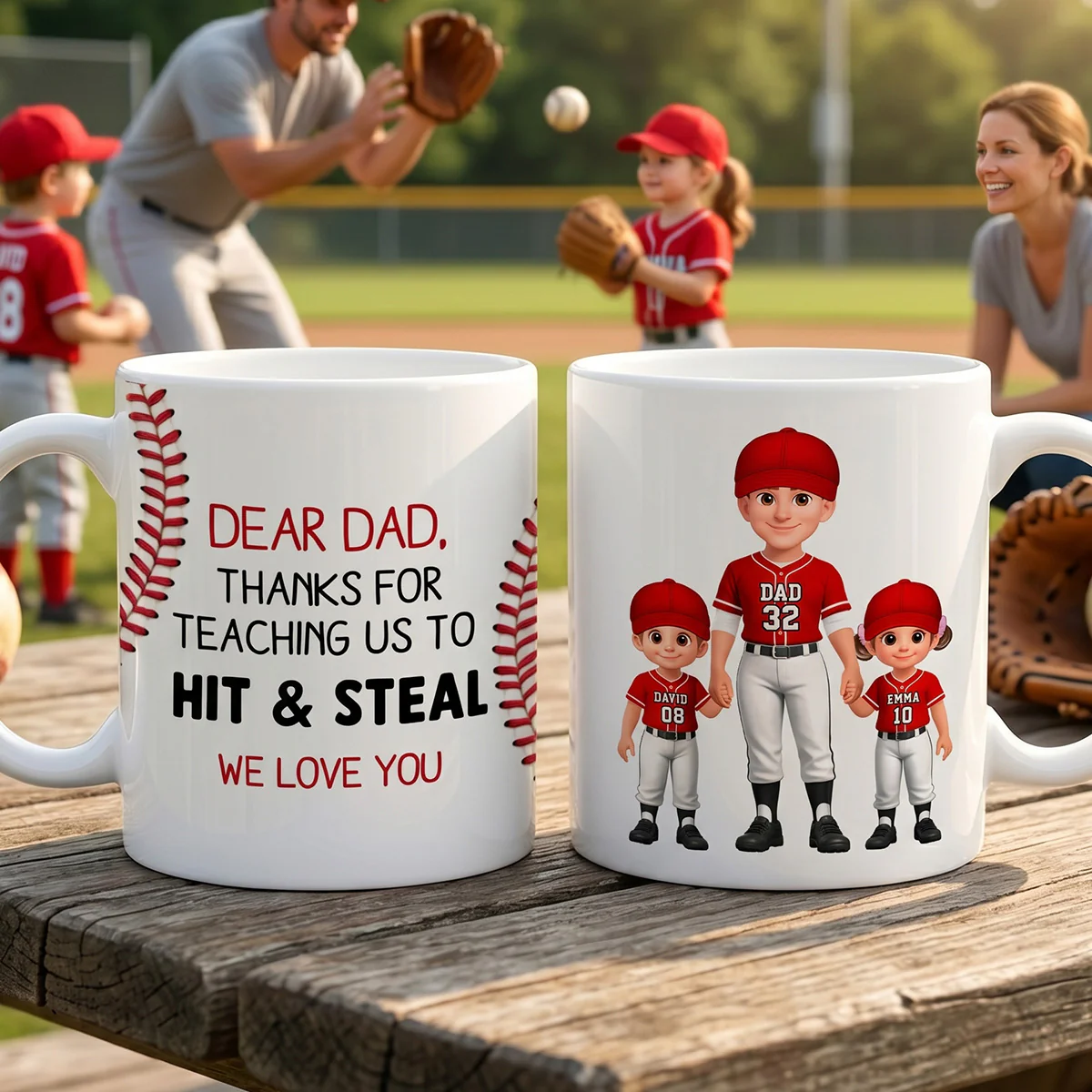 Thank You For Teaching Us To Hit & Steal Baseball Dad & Kids Standing - Personalized Mug - Father's Day Gift For Dad, Husband - Image 3