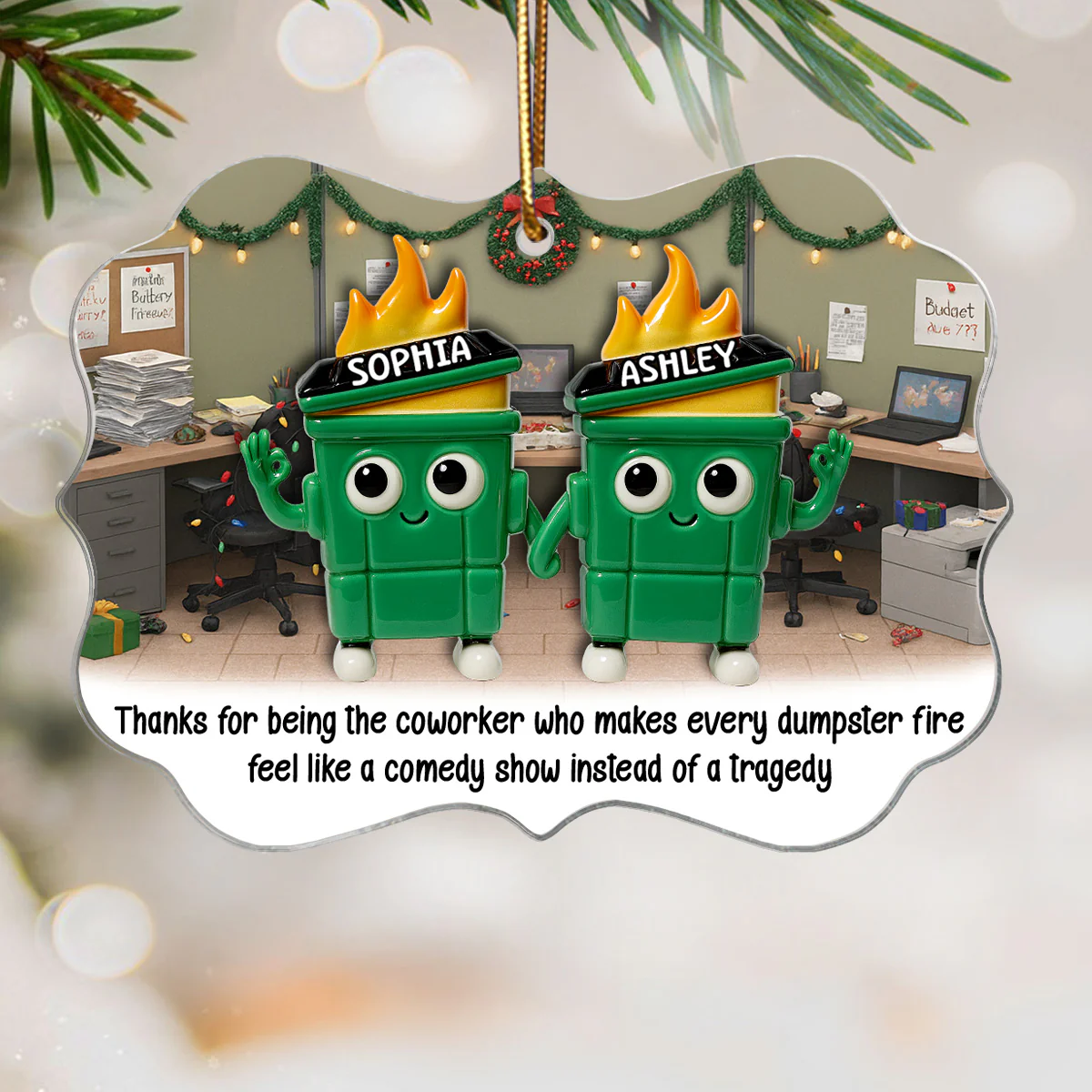 Thank You Work Besties 3D Effect Dumpster Fires - Personalized Acrylic Ornament - Funny Gift For Colleagues, Work Besties