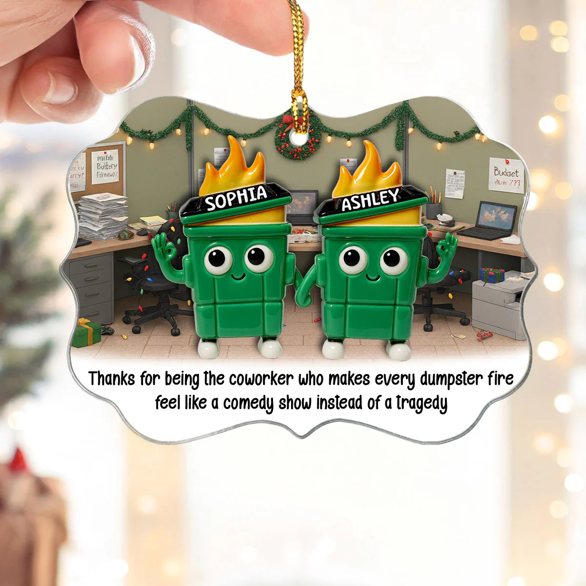 Thank You Work Besties 3D Effect Dumpster Fires - Personalized Acrylic Ornament - Funny Gift For Colleagues, Work Besties - Image 3