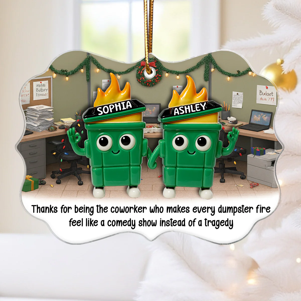 Thank You Work Besties 3D Effect Dumpster Fires - Personalized Acrylic Ornament - Funny Gift For Colleagues, Work Besties - Image 5