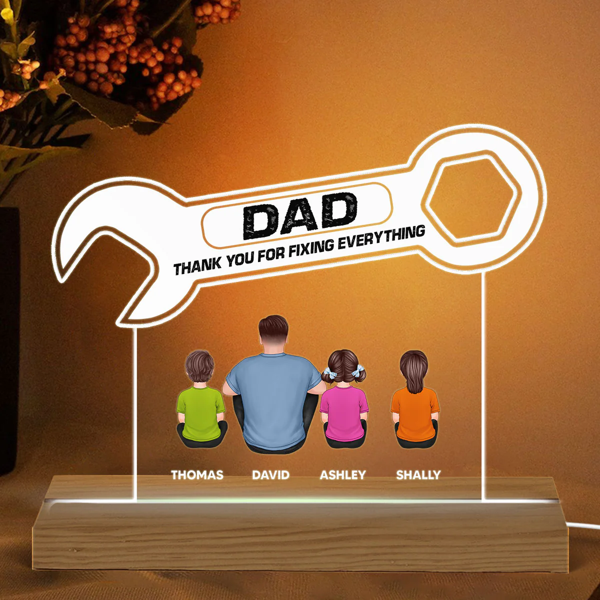 Thanks Dad For Fixing Everything Wrench Shape Back View Man Kids Dog Cat Father‘s Day Gift Personalized Warm Custom Shape Acrylic Plaque LED Night Light - Image 2