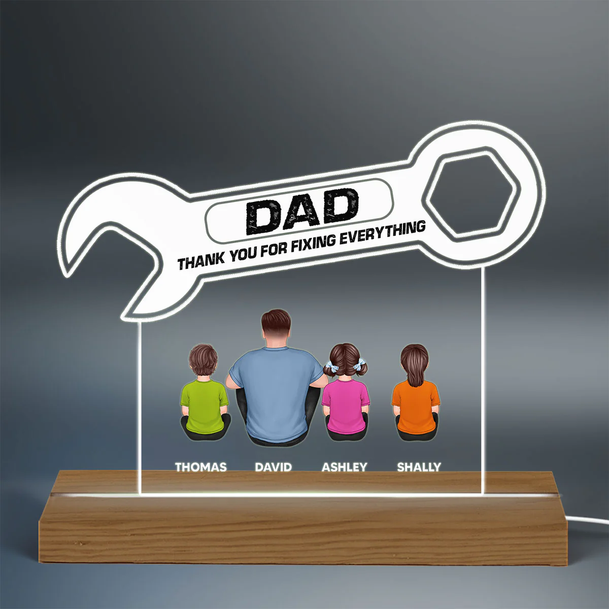 Thanks Dad For Fixing Everything Wrench Shape Back View Man Kids Dog Cat Father‘s Day Gift Personalized Warm Custom Shape Acrylic Plaque LED Night Light - Image 3