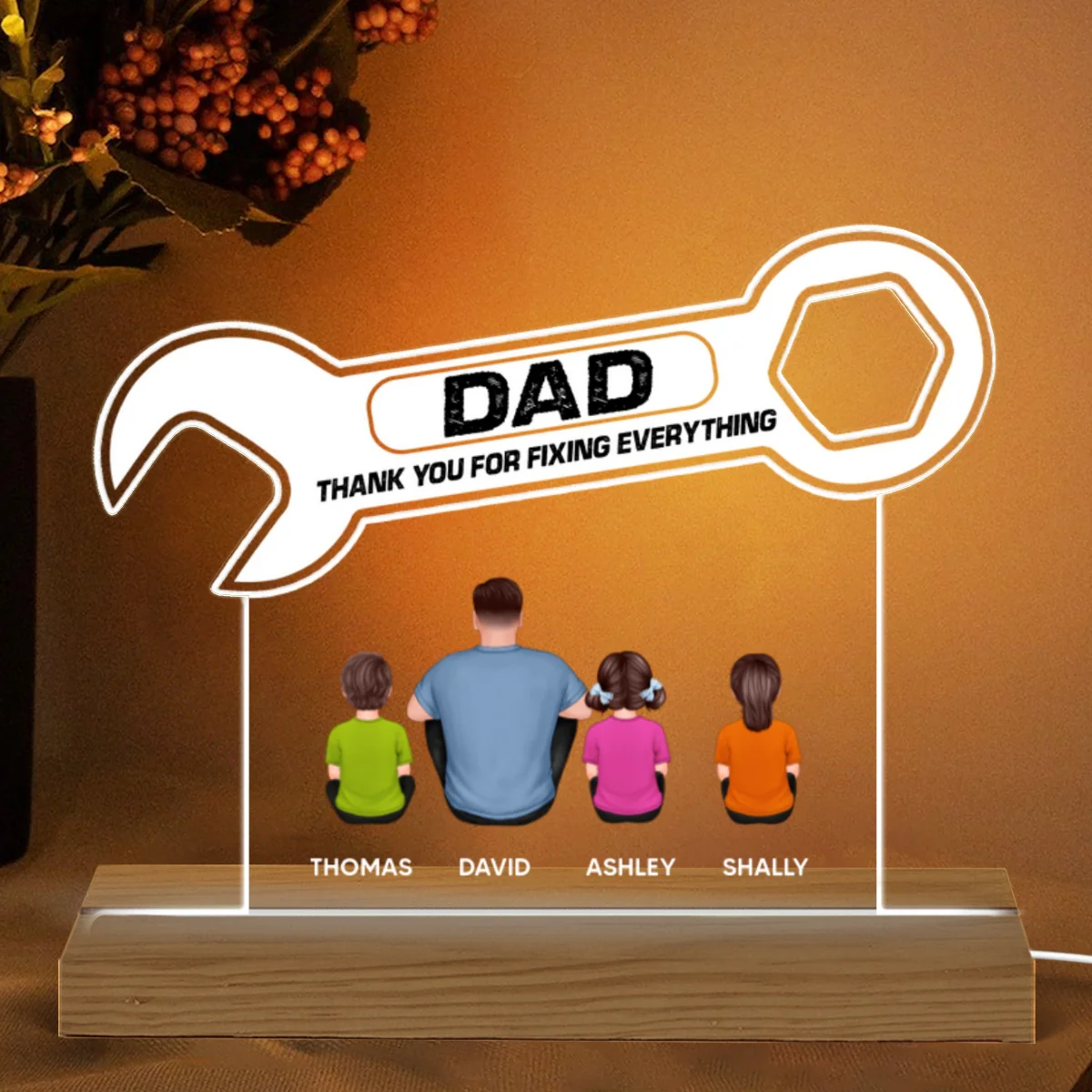 Thanks Dad For Fixing Everything Wrench Shape Back View Man Kids Dog Cat Father‘s Day Gift Personalized Warm Custom Shape Acrylic Plaque LED Night Light - Image 4