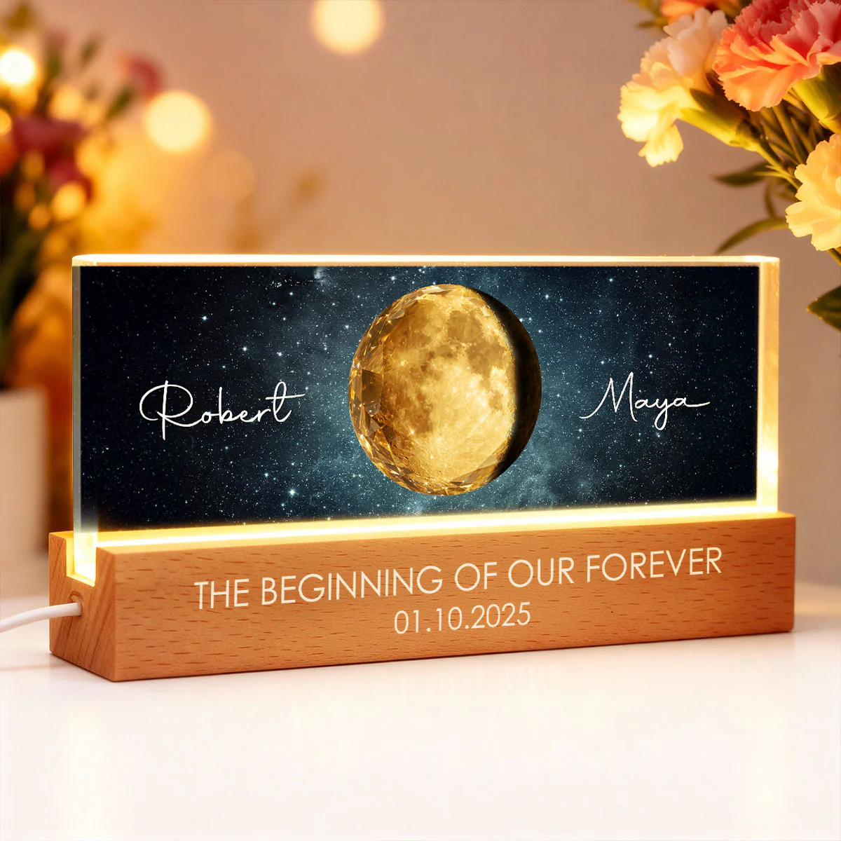 The Beginning of Our Forever Couple Moon Phase - Personalized Acrylic Block LED Night Light - Anniversary, Valentine's Day Gift for her, for him - Image 3