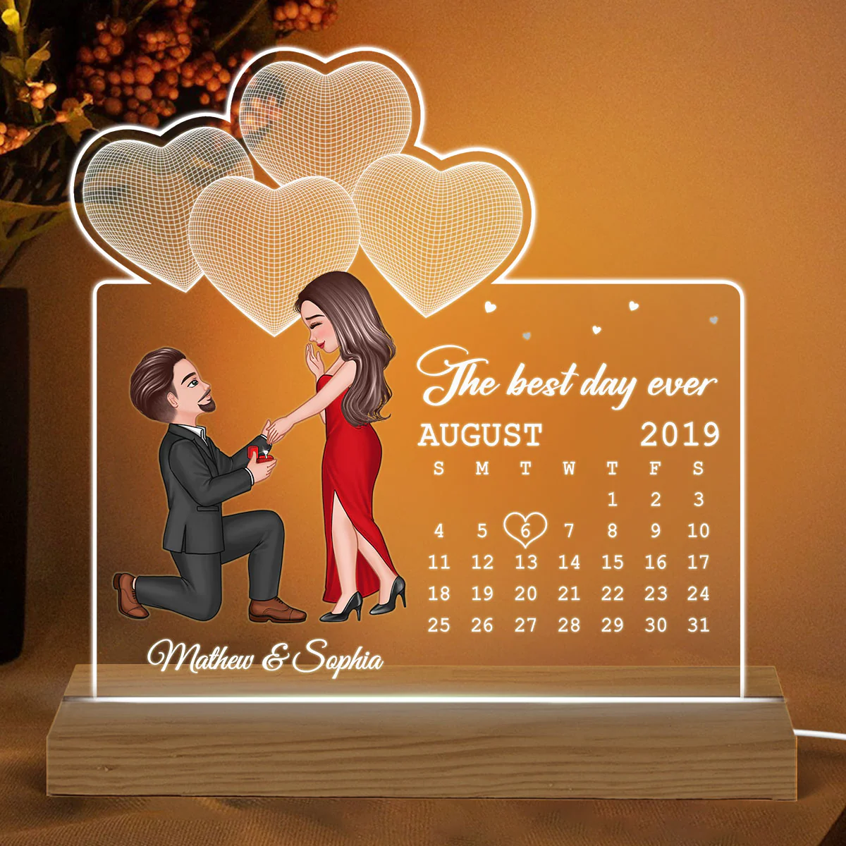The Best Day Ever Engaged Couple Calendar Date 3D Hearts Personalized Custom Shaped Acrylic Plaque With LED Night Light - Image 2