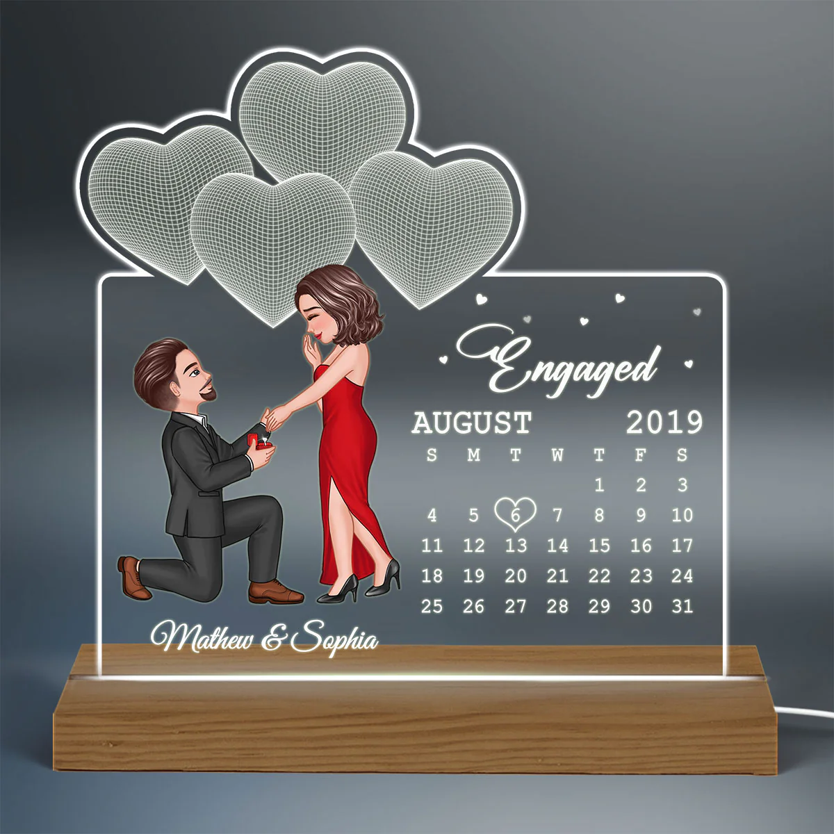 The Best Day Ever Engaged Couple Calendar Date 3D Hearts Personalized Custom Shaped Acrylic Plaque With LED Night Light - Image 3