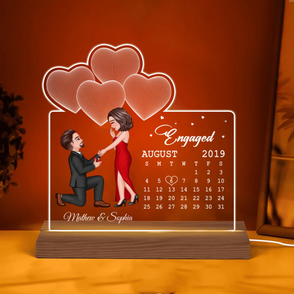 The Best Day Ever Engaged Couple Calendar Date 3D Hearts Personalized Custom Shaped Acrylic Plaque With LED Night Light - Image 5