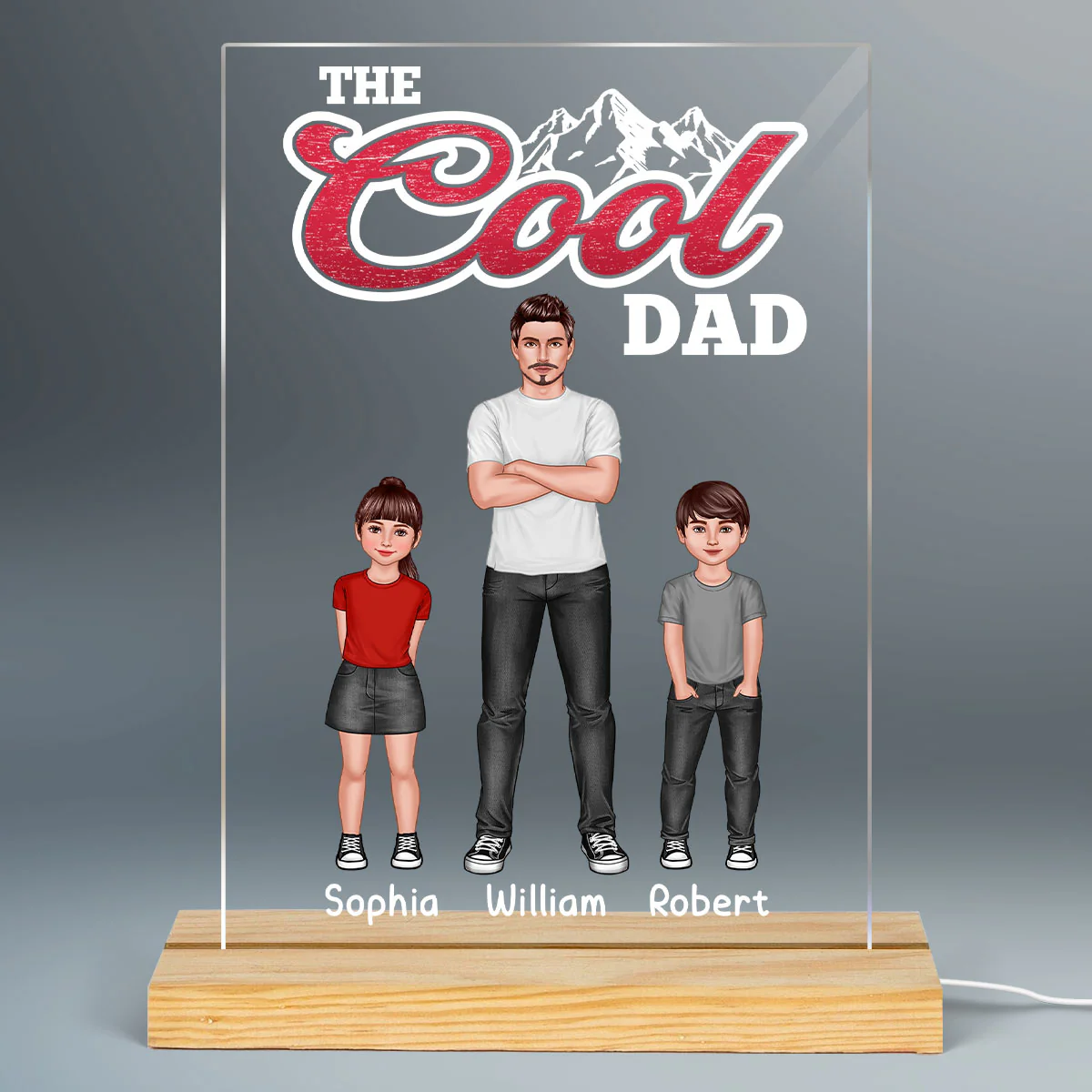 The Cool Dad Man And Kids Standing Front View Personalized Rectangle Acrylic LED Night Light - Image 2