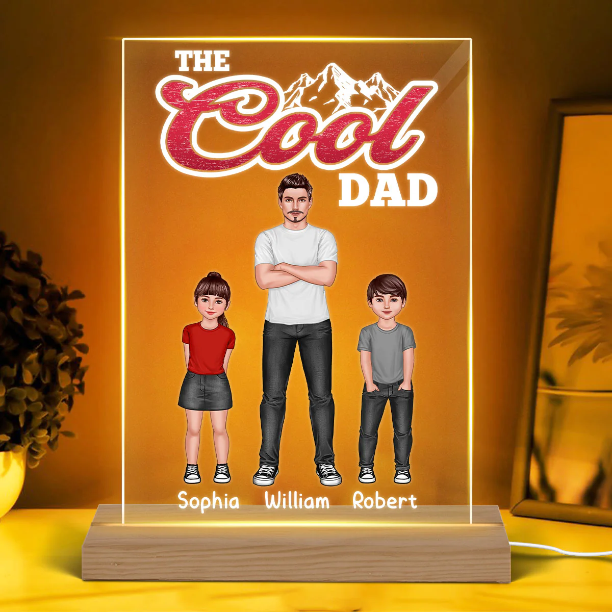 The Cool Dad Man And Kids Standing Front View Personalized Rectangle Acrylic LED Night Light - Image 3