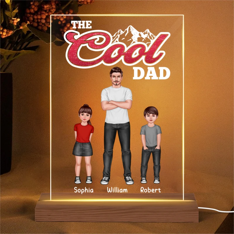 The Cool Dad Man And Kids Standing Front View Personalized Rectangle Acrylic LED Night Light - Image 4