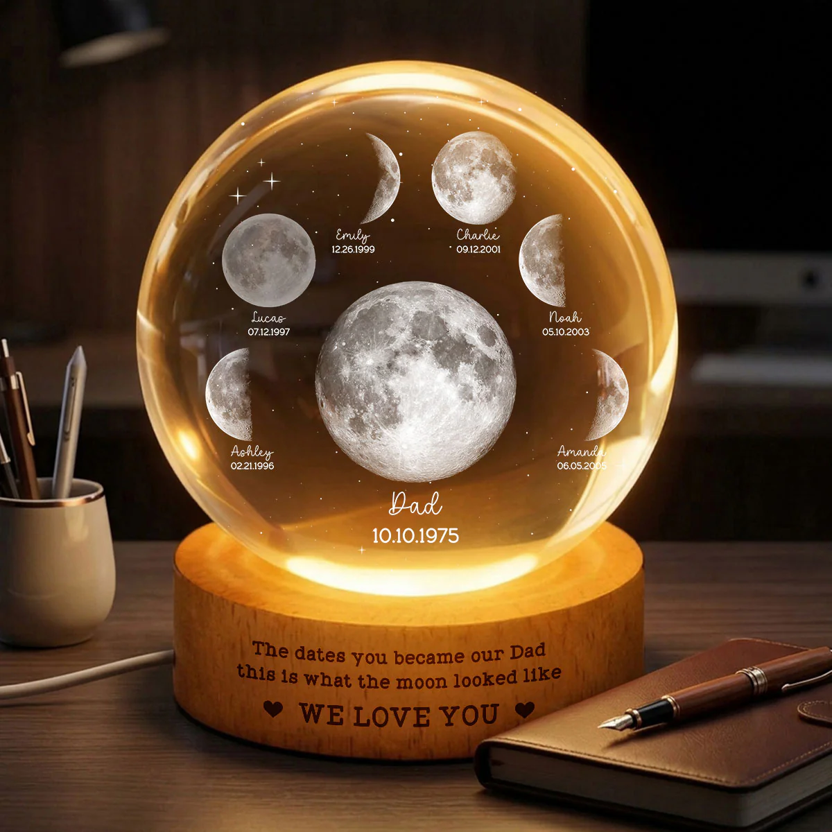 The Date You Became Our Dad - Personalized Crystal Ball LED Night Light - Custom Moon Phase by Date, Gift for Dad, Husband - Image 3