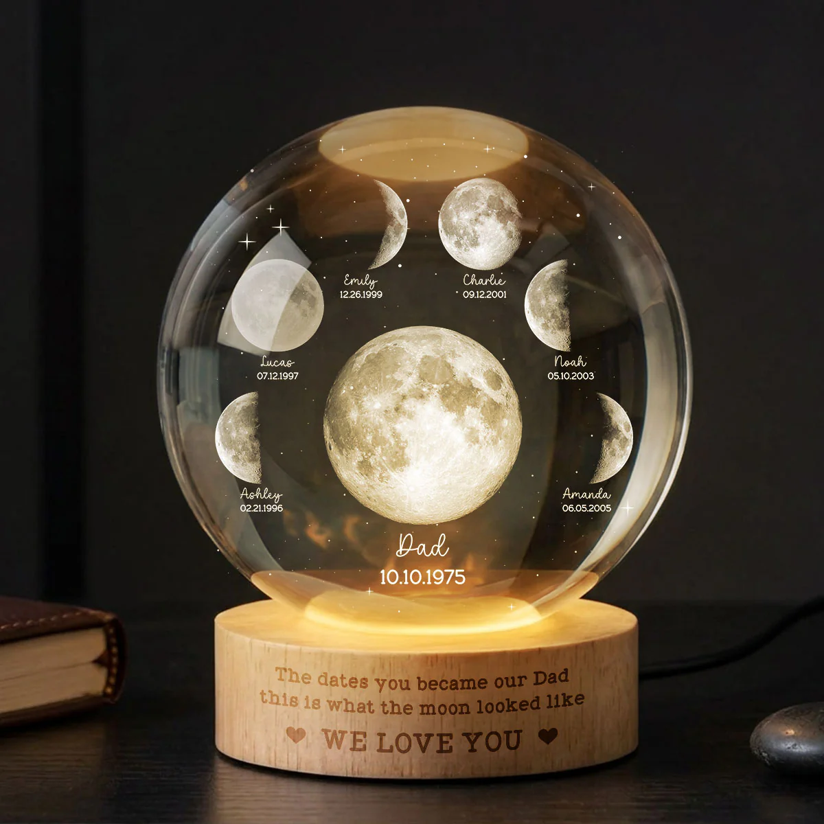 The Date You Became Our Dad - Personalized Crystal Ball LED Night Light - Custom Moon Phase by Date, Gift for Dad, Husband - Image 5