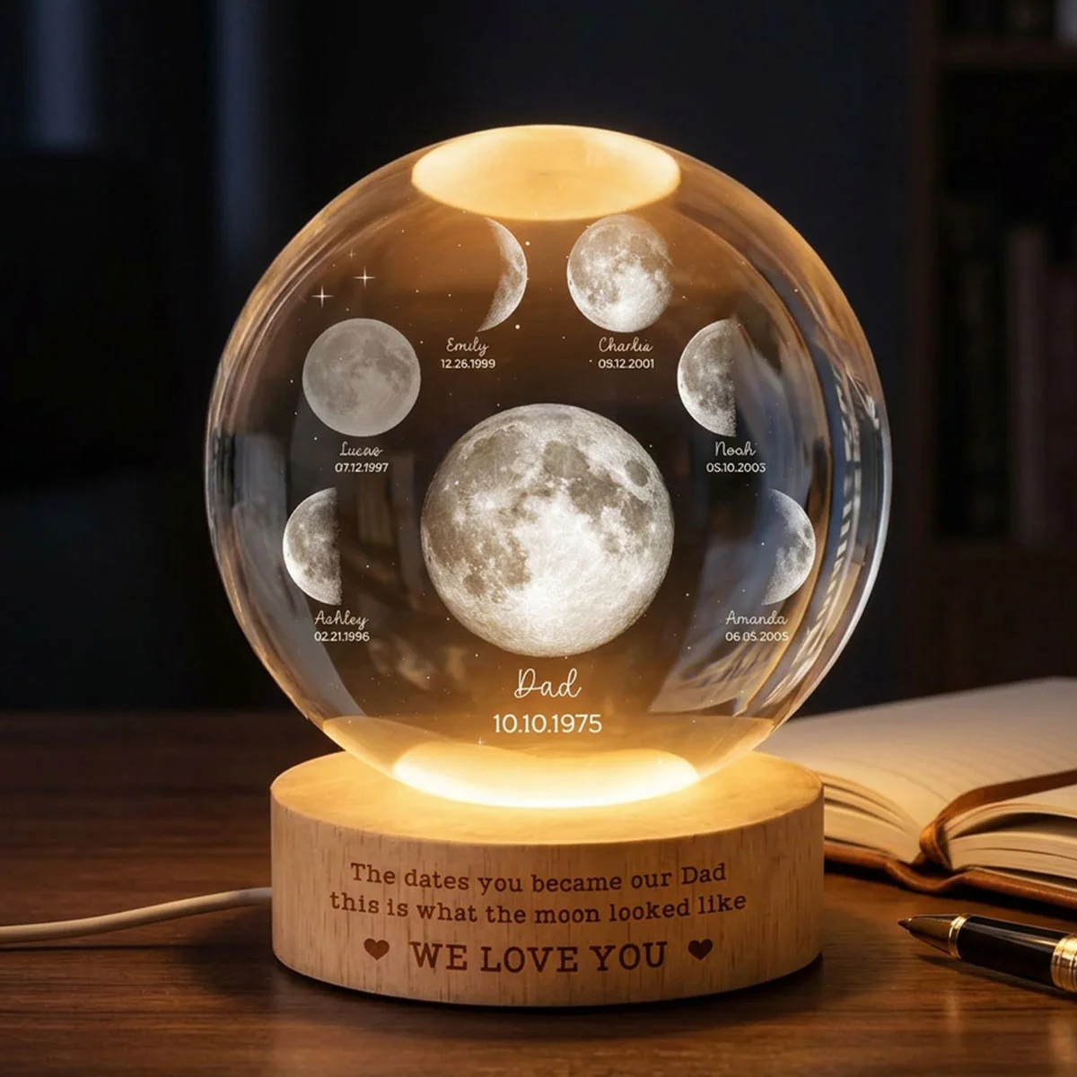 The Date You Became Our Dad - Personalized Crystal Ball LED Night Light - Custom Moon Phase by Date, Gift for Dad, Husband - Image 6
