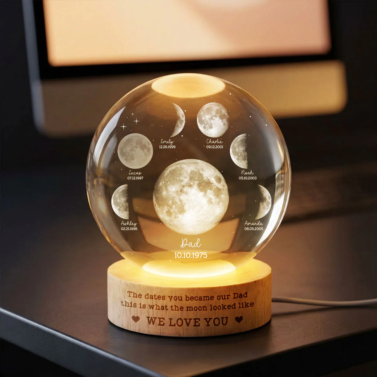 The Date You Became Our Dad - Personalized Crystal Ball LED Night Light - Custom Moon Phase by Date, Gift for Dad, Husband - Image 7