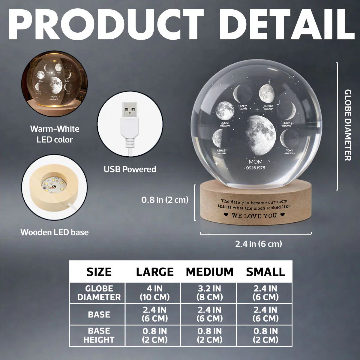The Date You Became Our Mom We Love You - Personalized Crystal Ball LED Night Light - Gift For Mom, Grandma - Image 7