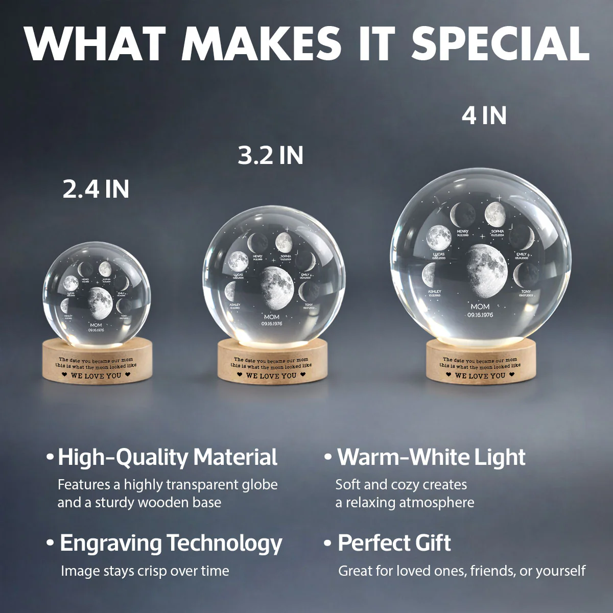 The Date You Became Our Mom We Love You - Personalized Crystal Ball LED Night Light - Gift For Mom, Grandma - Image 8