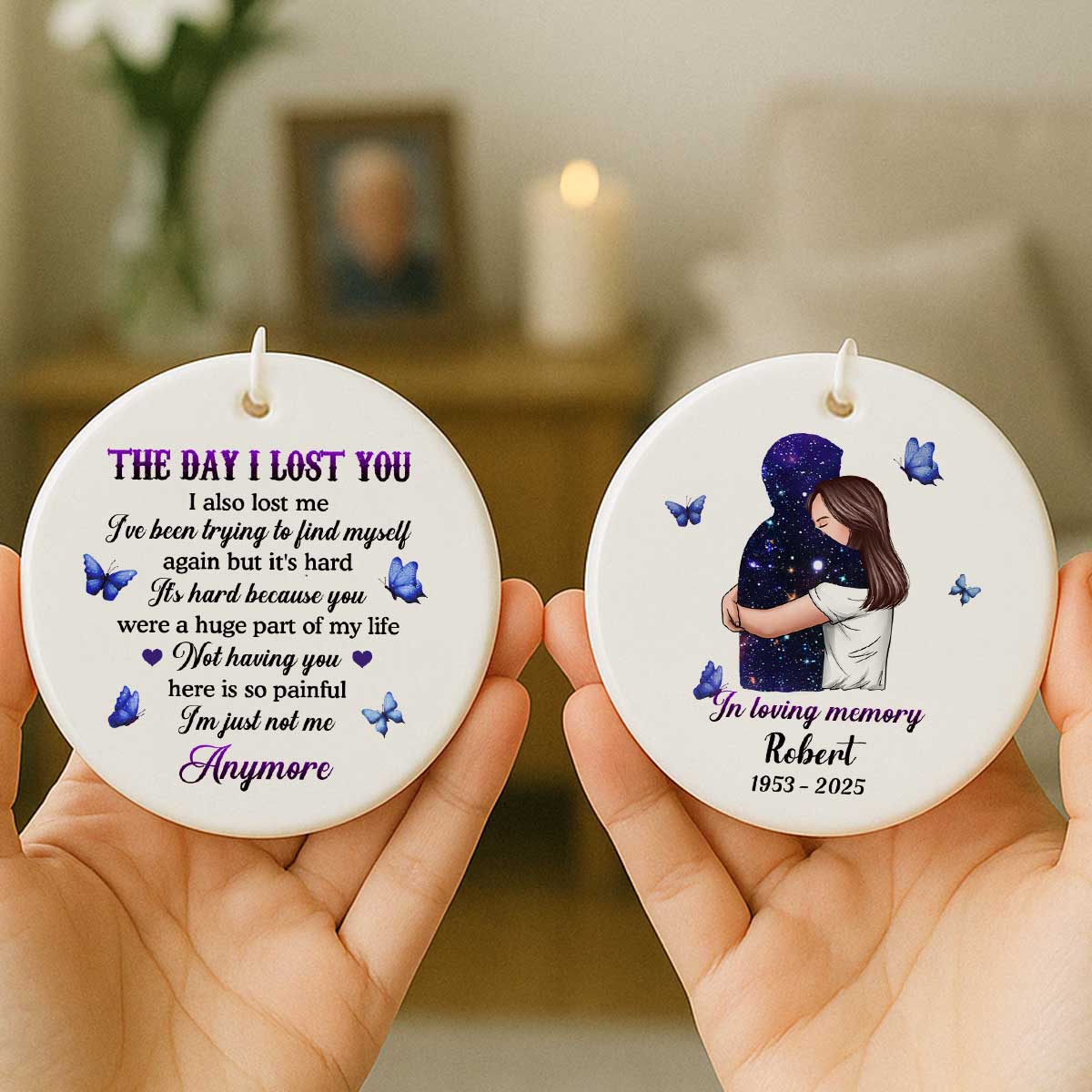 The Day I Lost You I Also Lost Me Woman Hugging Lost Loved One Memorial Keepsake Personalized Ceramic Ornament - Image 2