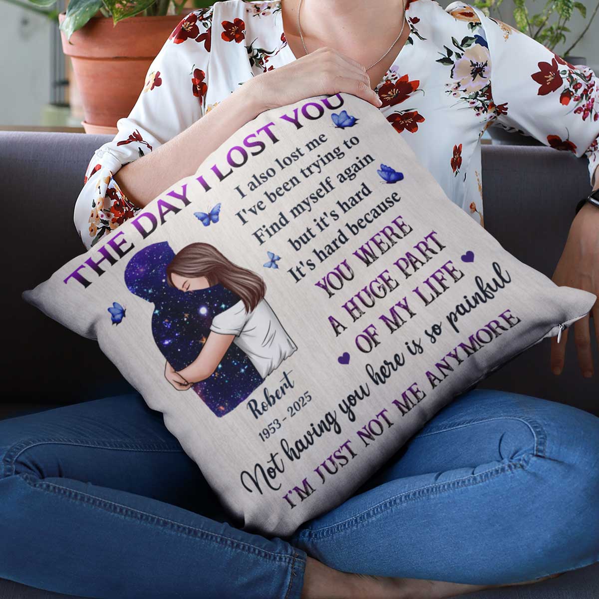 The Day I Lost You I Also Lost Me Woman Hugging Lost Loved One Memorial Keepsake Personalized Pillow - Image 6