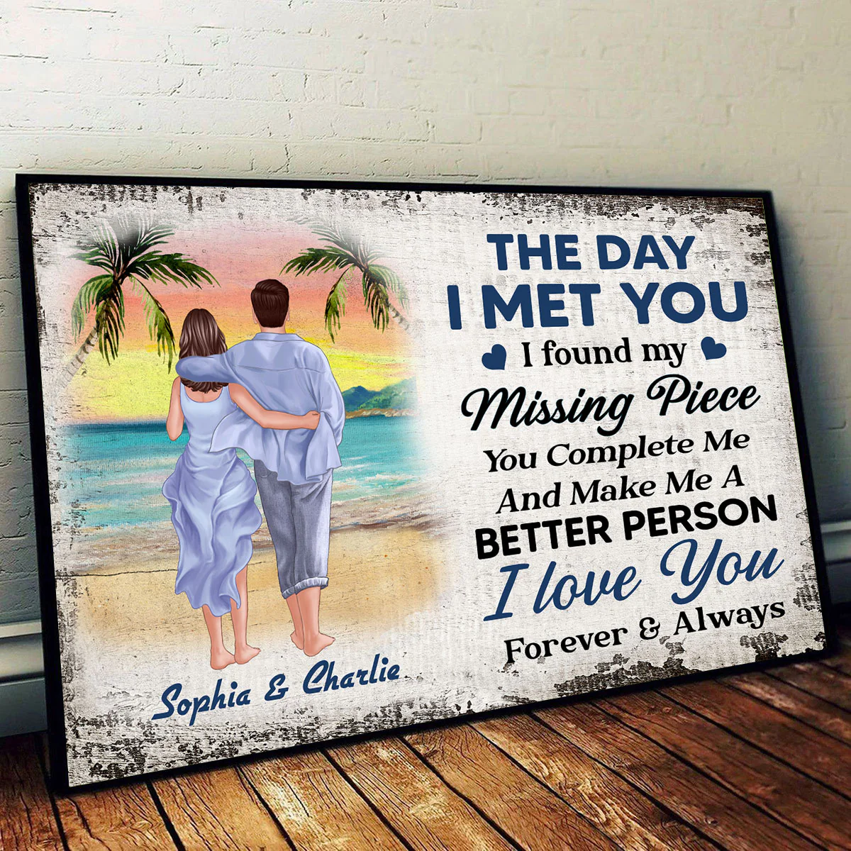The Day I Met You Back View Couple Walking On The Beach Personalized Horizontal Poster - Image 3