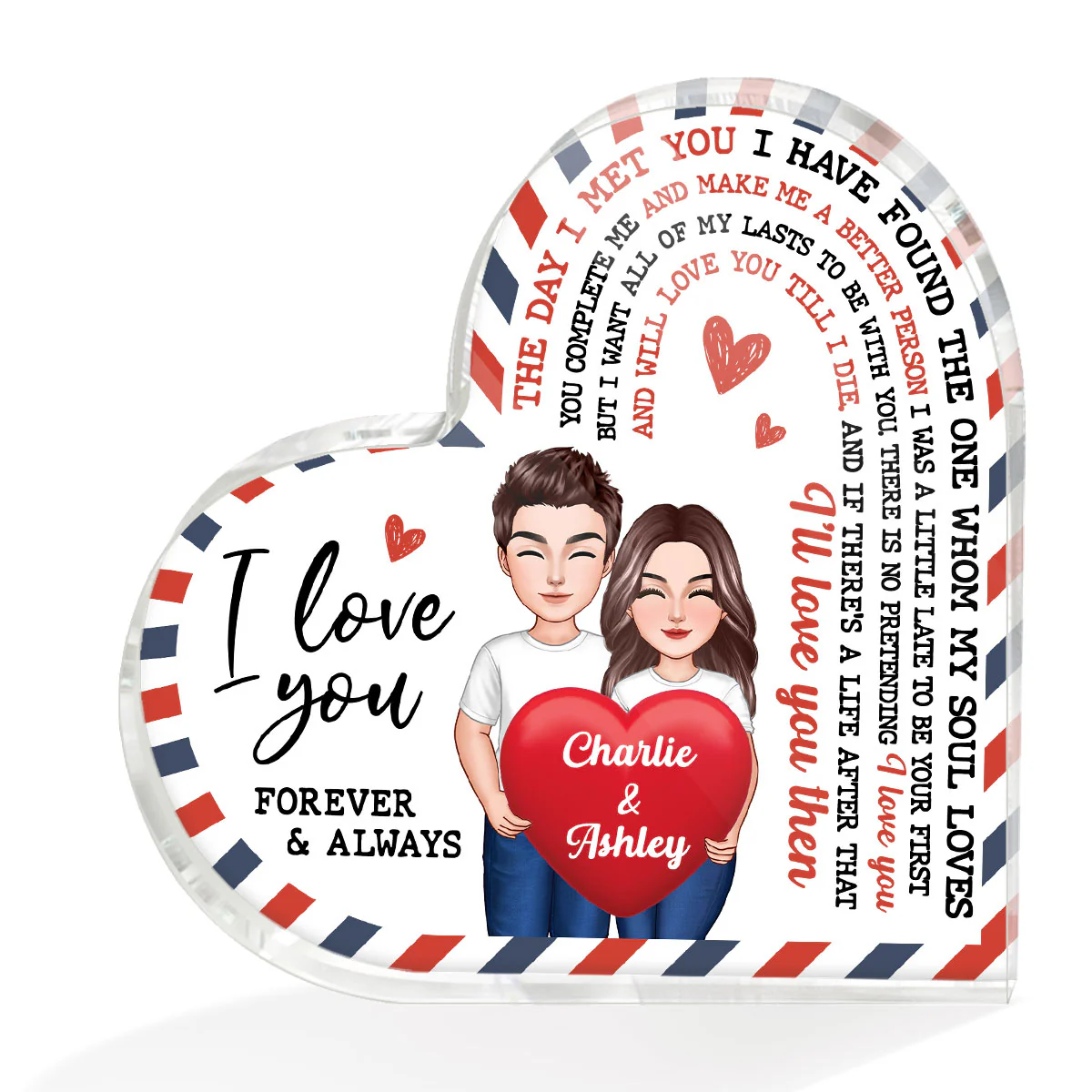 The Day I Met You Couple Holding Heart Envelope Frame Personalized Heart Shape Acrylic Plaque - Image 2