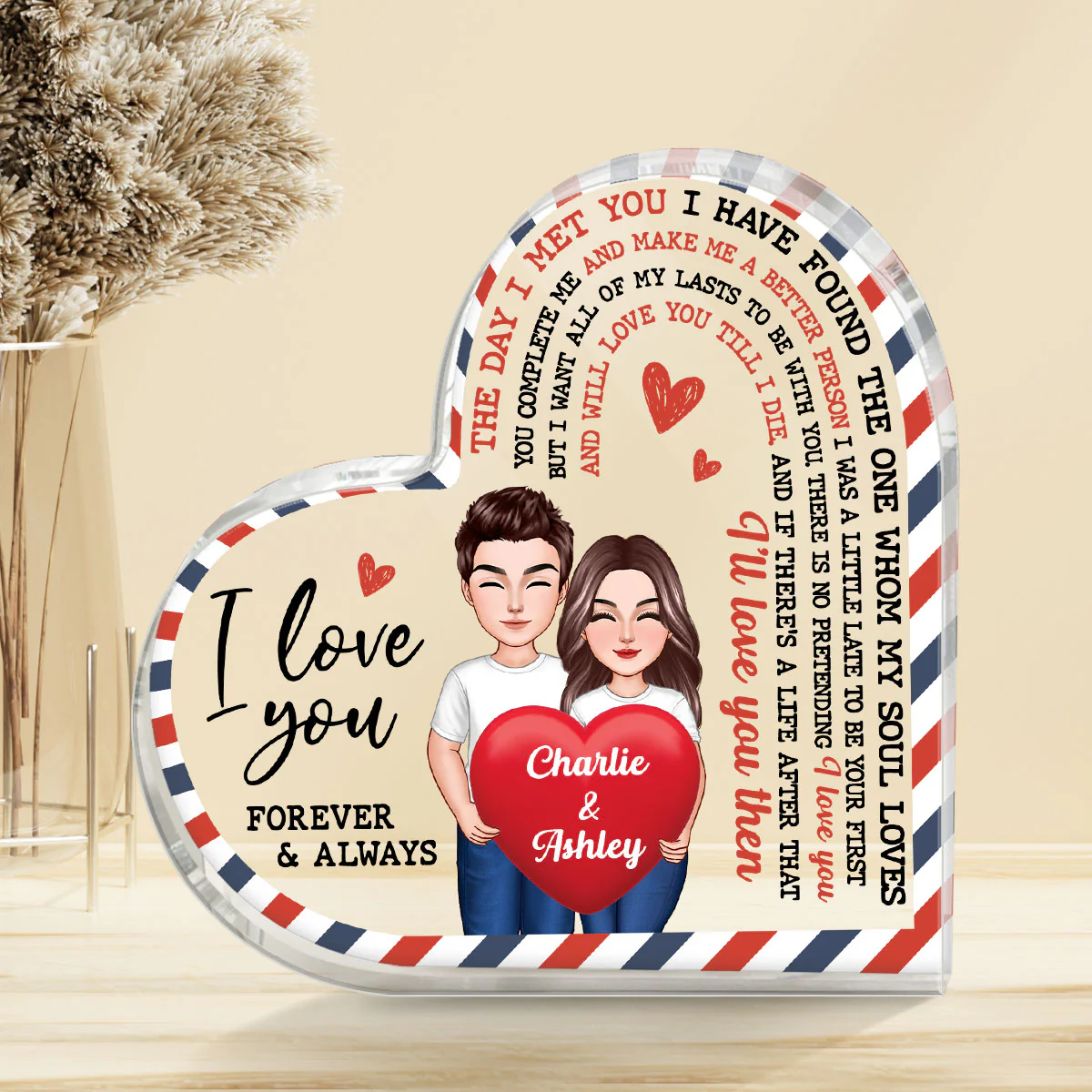 The Day I Met You Couple Holding Heart Envelope Frame Personalized Heart Shape Acrylic Plaque - Image 3