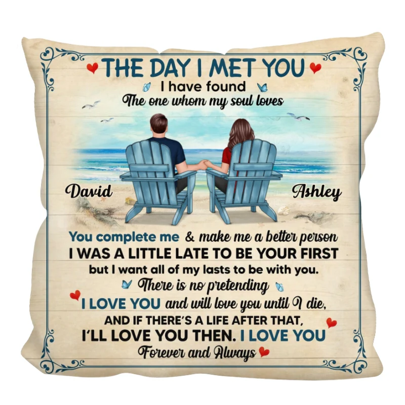 The Day I Met You Couple Sitting On Beach Personalized Pillow - Image 3