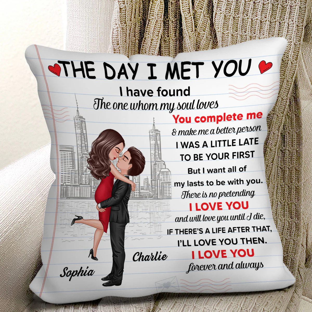The Day I Met You Couple Skyline Personalized Pillow - Image 2