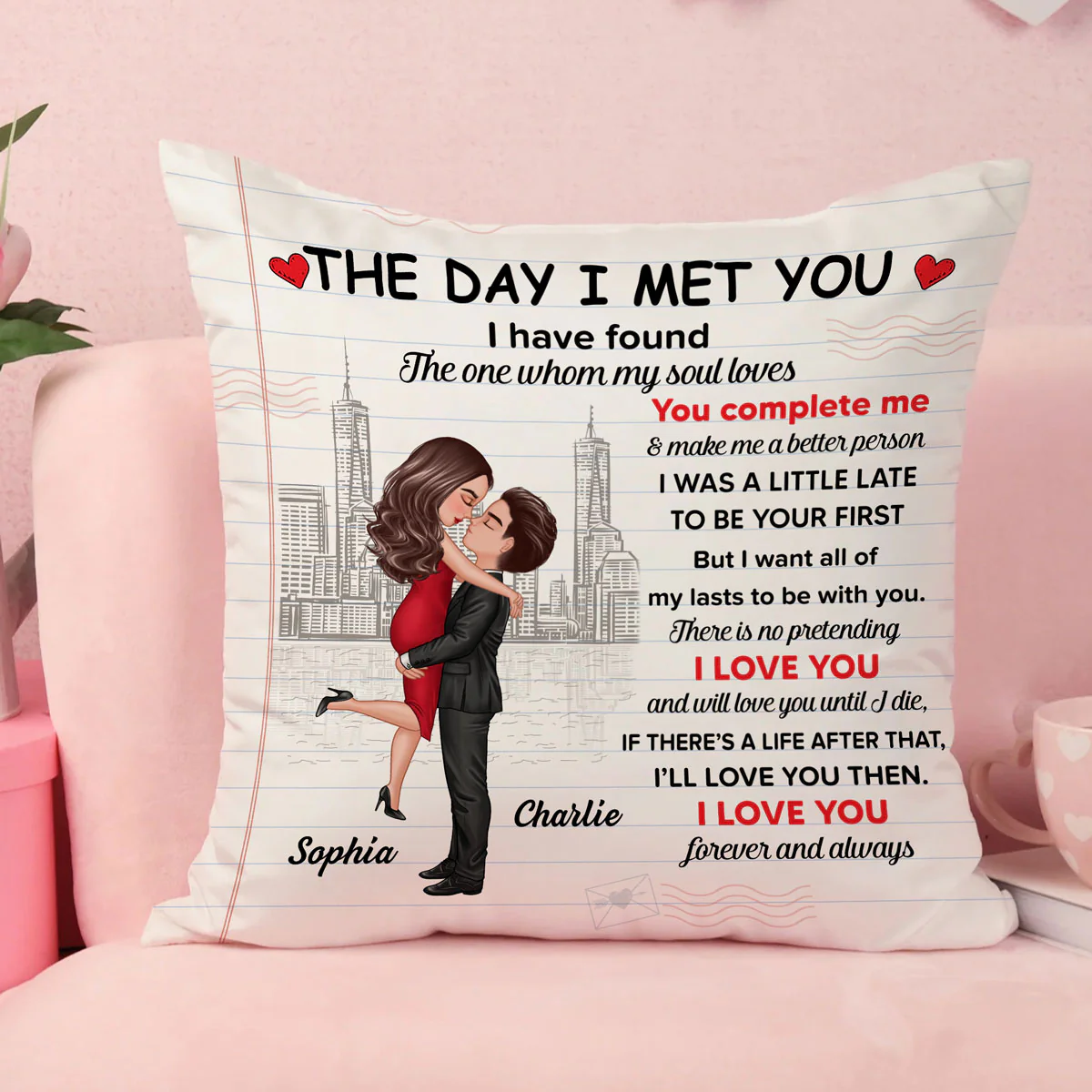 The Day I Met You Couple Skyline Personalized Pillow - Image 4
