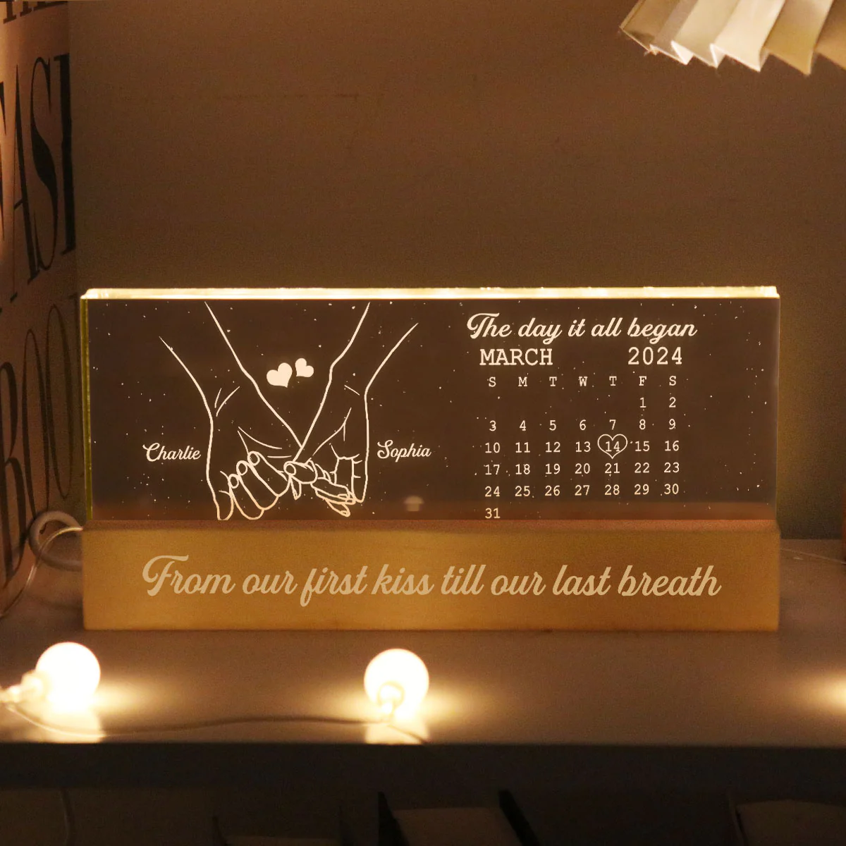 The Day It All Began Couple Anniversary Calendar Keepsake Hand In Hand Personalized Acrylic Block LED Night Light - Image 2