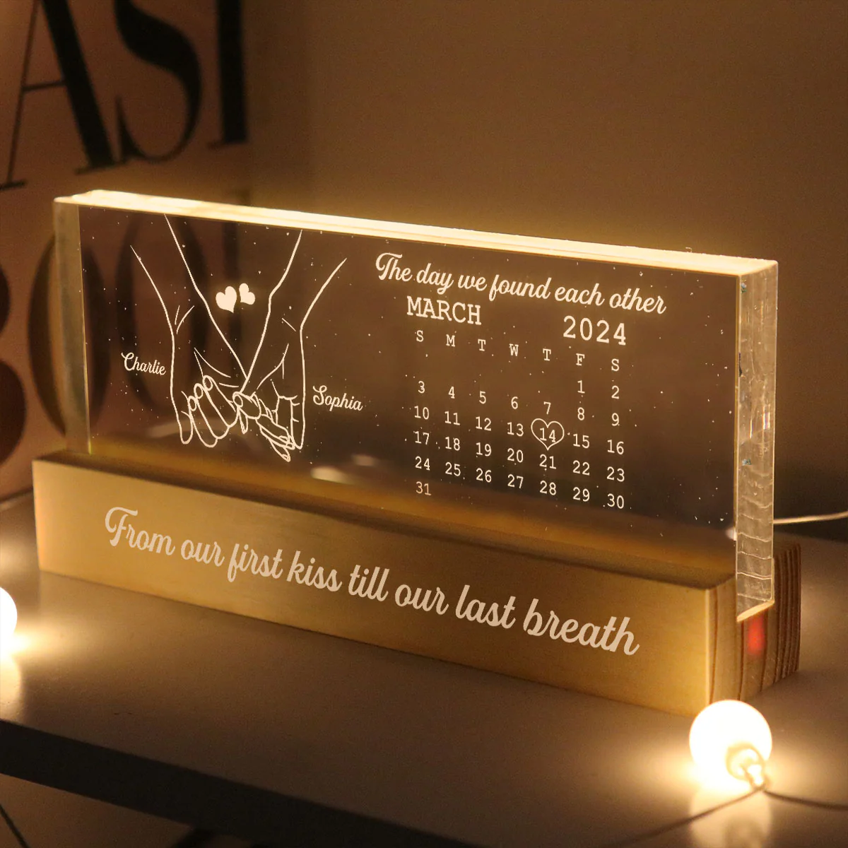 The Day It All Began Couple Anniversary Calendar Keepsake Hand In Hand Personalized Acrylic Block LED Night Light - Image 3