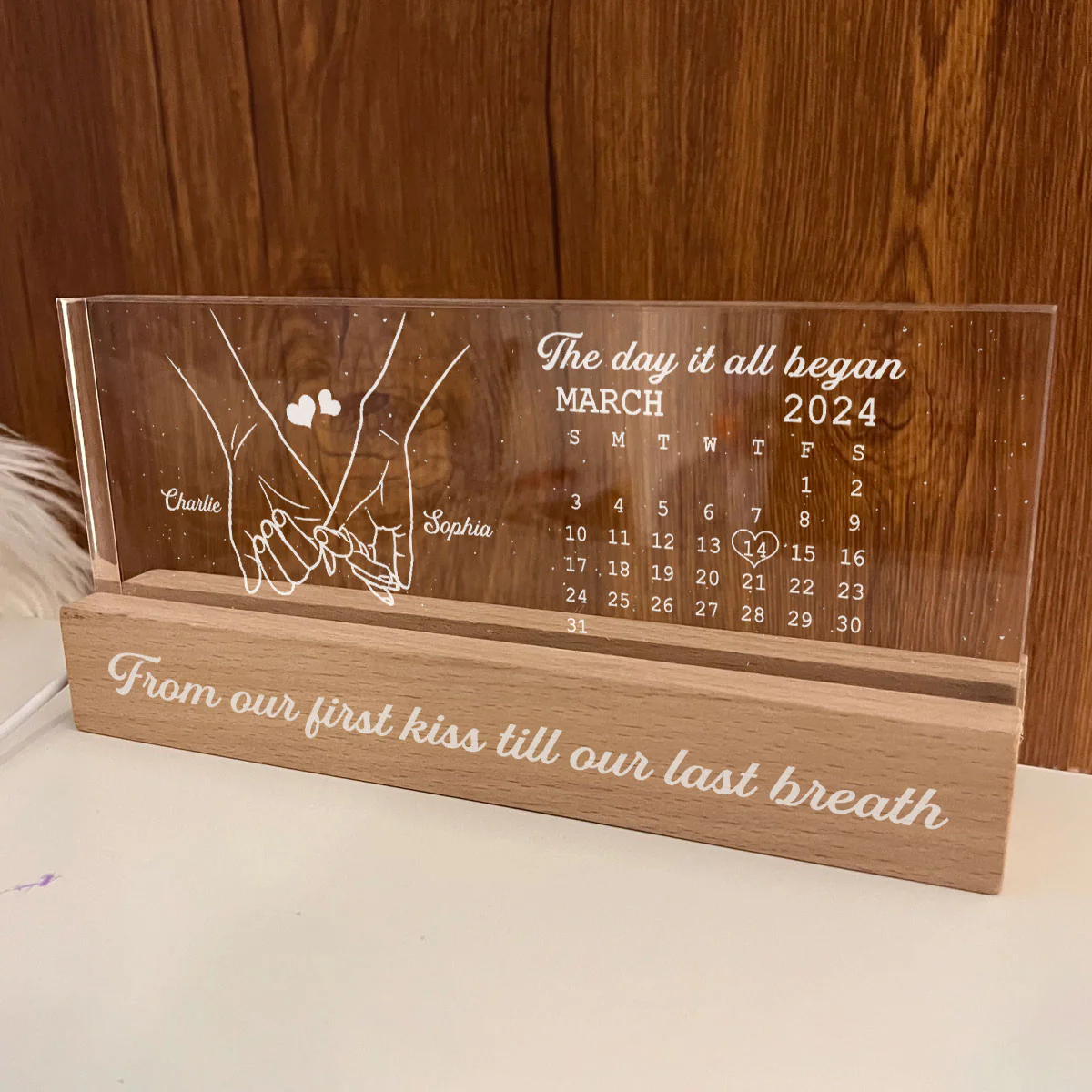 The Day It All Began Couple Anniversary Calendar Keepsake Hand In Hand Personalized Acrylic Block LED Night Light - Image 4