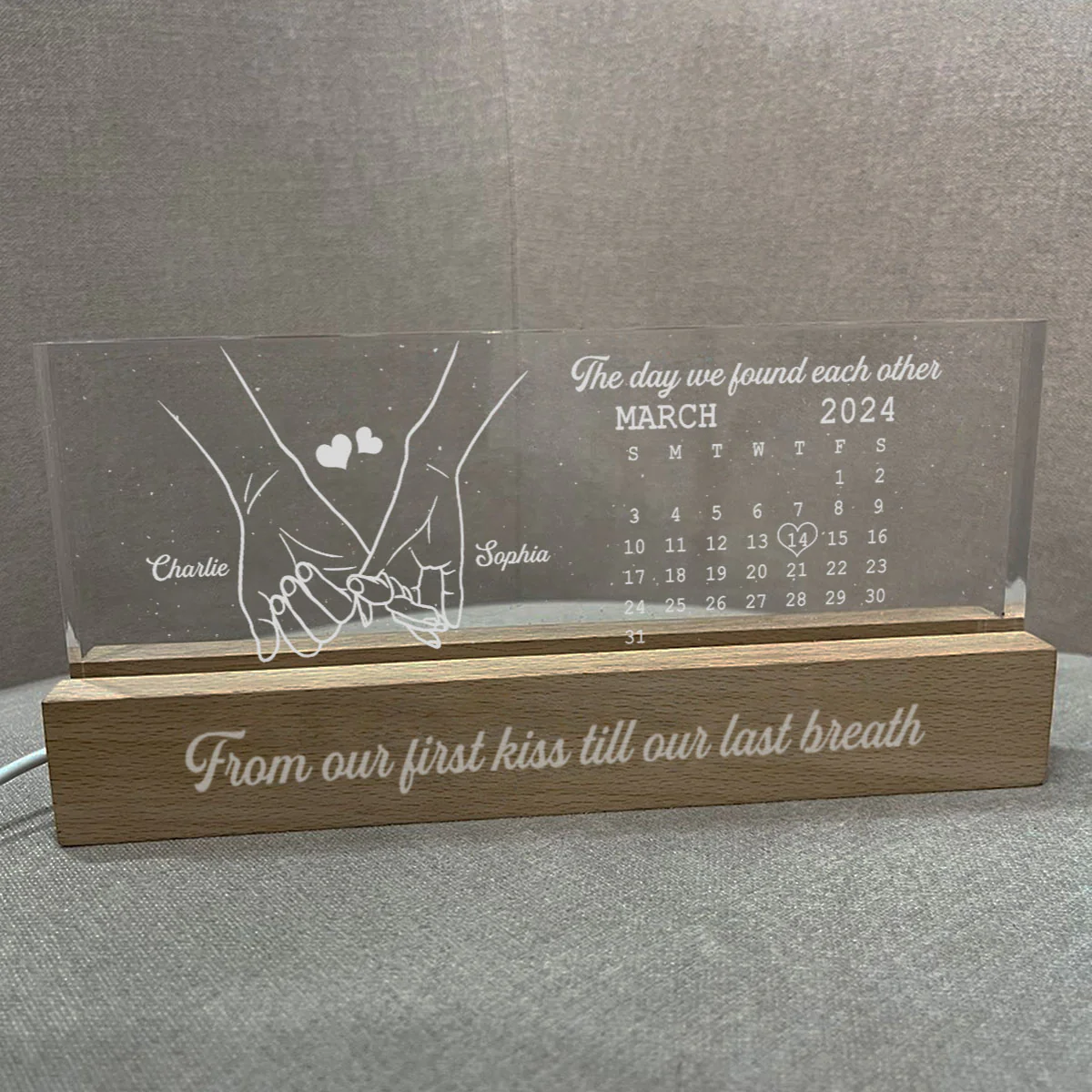 The Day It All Began Couple Anniversary Calendar Keepsake Hand In Hand Personalized Acrylic Block LED Night Light - Image 5