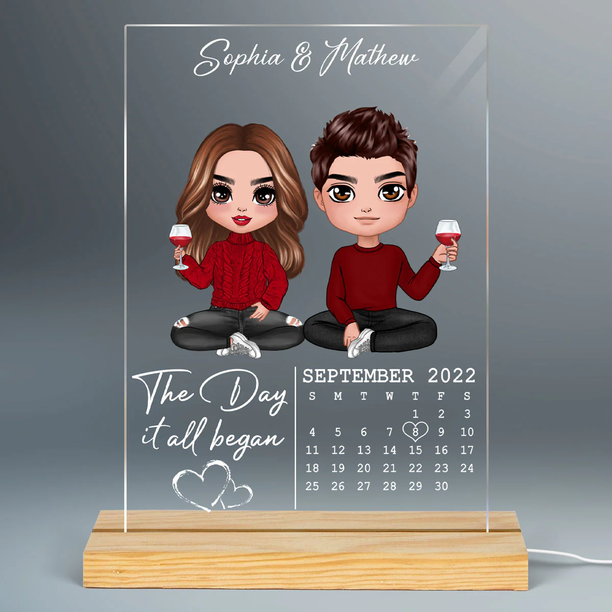 The Day It All Began Doll Couple Sitting Personalized Rectangle Acrylic Plaque With LED Night Light - Anniversary Gift For Couple - Gift For Him - Gift For Her - Image 2