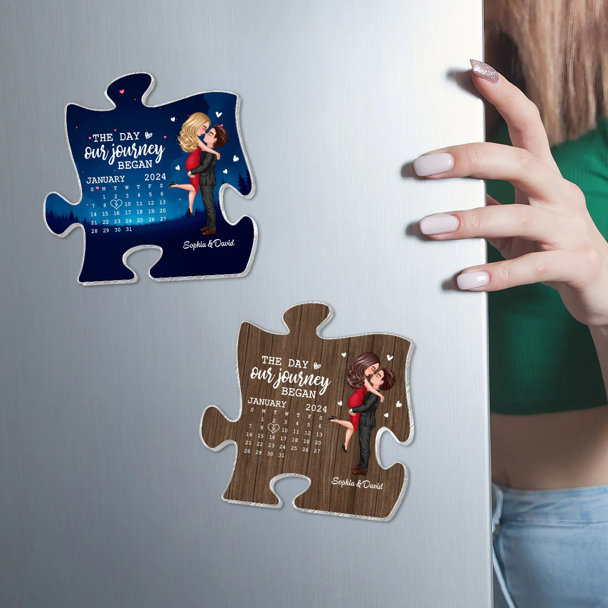 The Day Journey Began Couple Hugging Kissing Anniversary Calendar Keepsake Puzzle Shaped Personalized Acrylic Fridge Magnet - Image 4