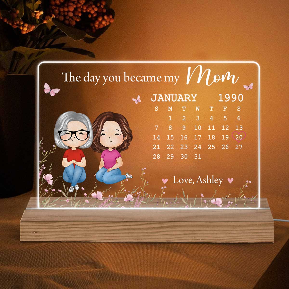 The Day You Became My Mom Calendar Doll Woman Watercolor Personalized Horizontal Rectangle Acrylic Plaque With LED Night Light - Image 2