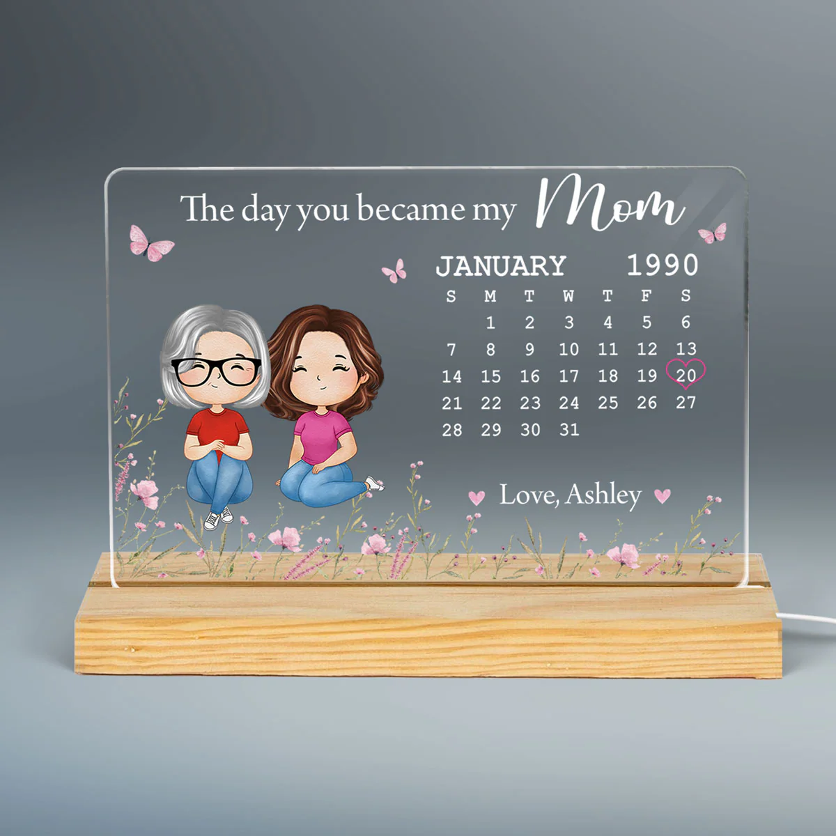 The Day You Became My Mom Calendar Doll Woman Watercolor Personalized Horizontal Rectangle Acrylic Plaque With LED Night Light - Image 3