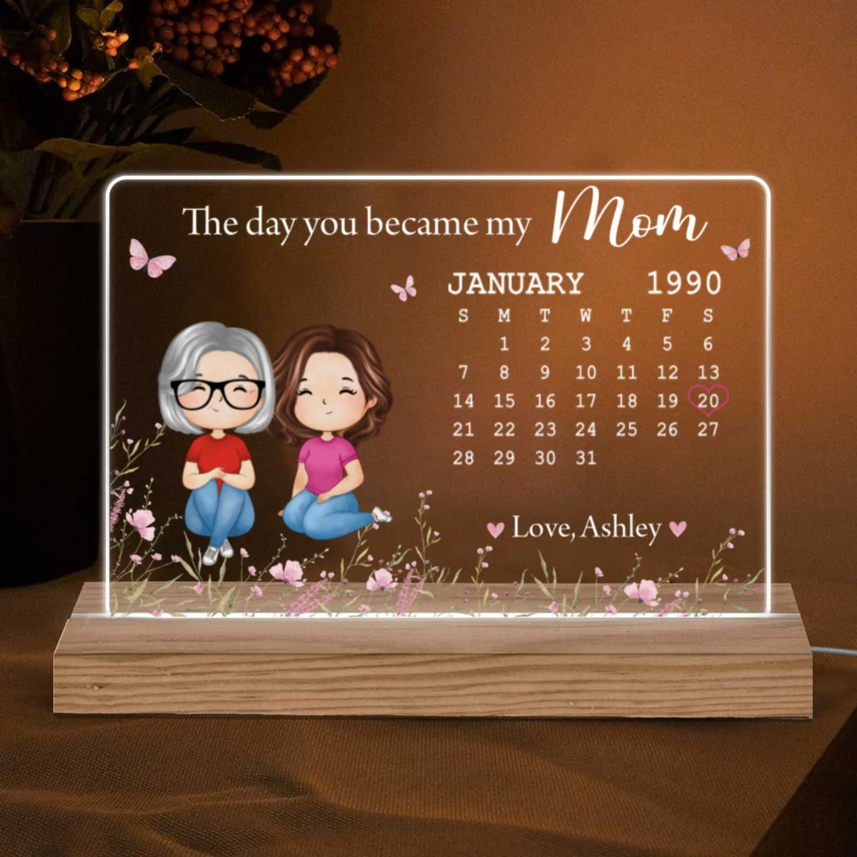 The Day You Became My Mom Calendar Doll Woman Watercolor Personalized Horizontal Rectangle Acrylic Plaque With LED Night Light - Image 5