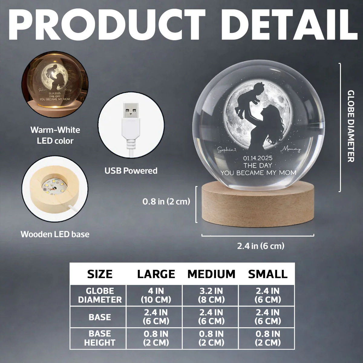 The Day You Became My Mom, Custom Moon Phase by Date - Personalized Crystal Ball LED Night Light - Heartfelt Mother's Day Gift for Mom, Wife - Image 10