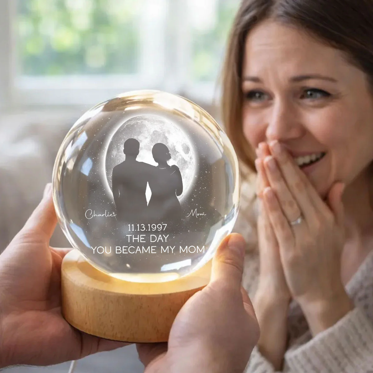 The Day You Became My Mom, Custom Moon Phase by Date - Personalized Crystal Ball LED Night Light - Heartfelt Mother's Day Gift for Mom, Wife - Image 2