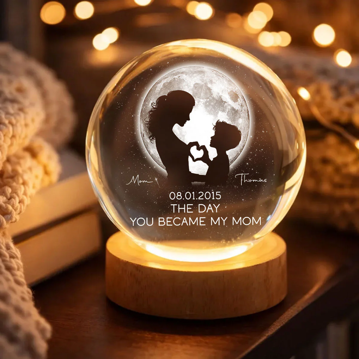 The Day You Became My Mom, Custom Moon Phase by Date - Personalized Crystal Ball LED Night Light - Heartfelt Mother's Day Gift for Mom, Wife - Image 3