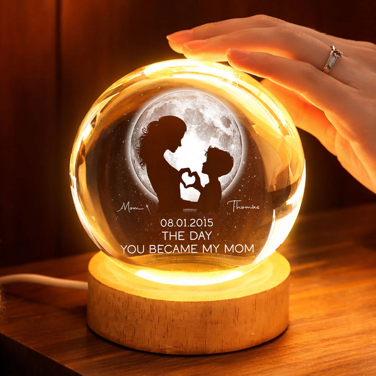 The Day You Became My Mom, Custom Moon Phase by Date - Personalized Crystal Ball LED Night Light - Heartfelt Mother's Day Gift for Mom, Wife - Image 5