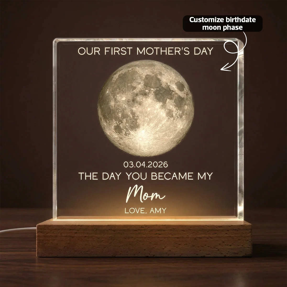 The Day You Became My Mom Custom Moon Phase First Mother's Day - Personalized Acrylic Block Plaque LED Night Light - First Mother's Day Gift For New Mom