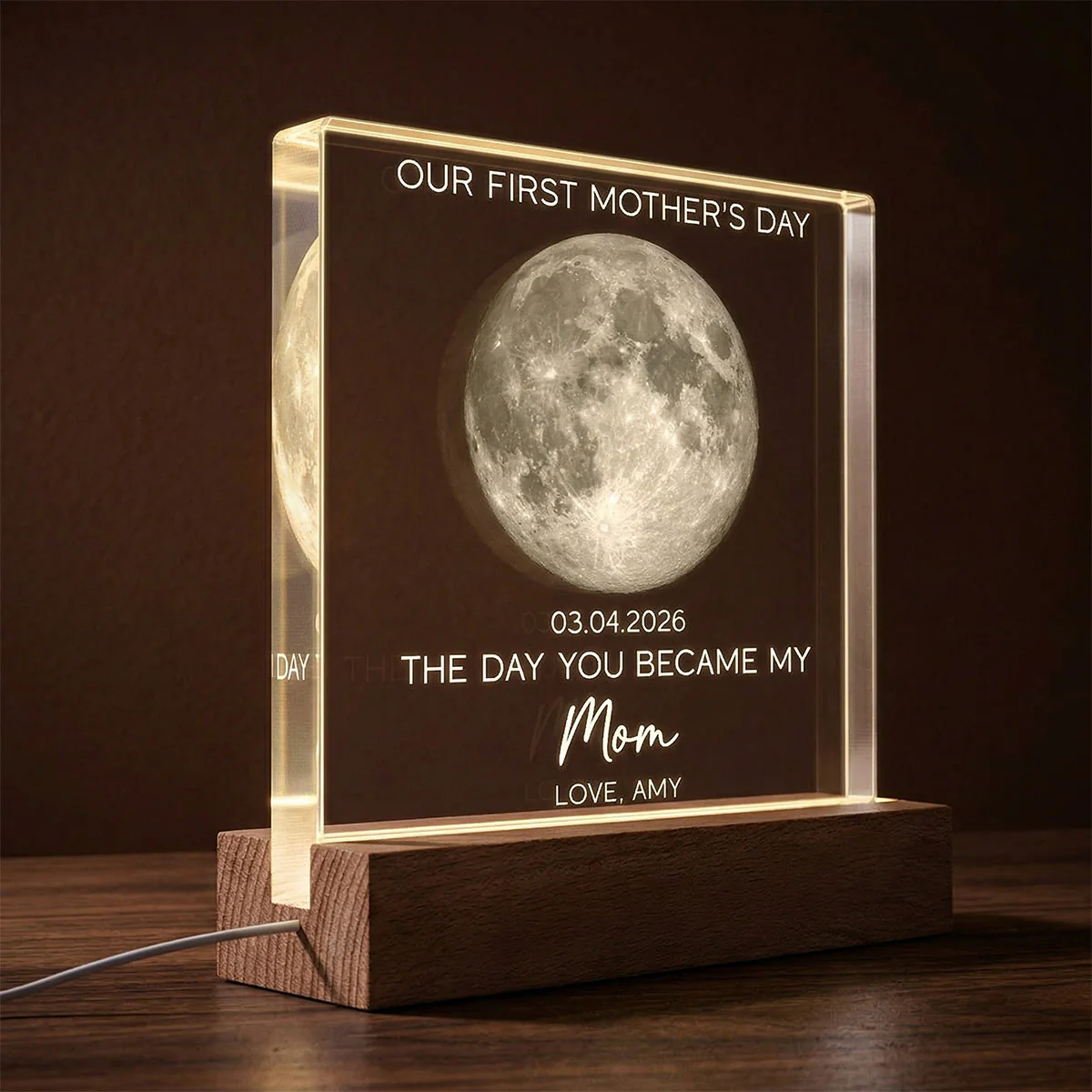 The Day You Became My Mom Custom Moon Phase First Mother's Day - Personalized Acrylic Block Plaque LED Night Light - First Mother's Day Gift For New Mom - Image 2