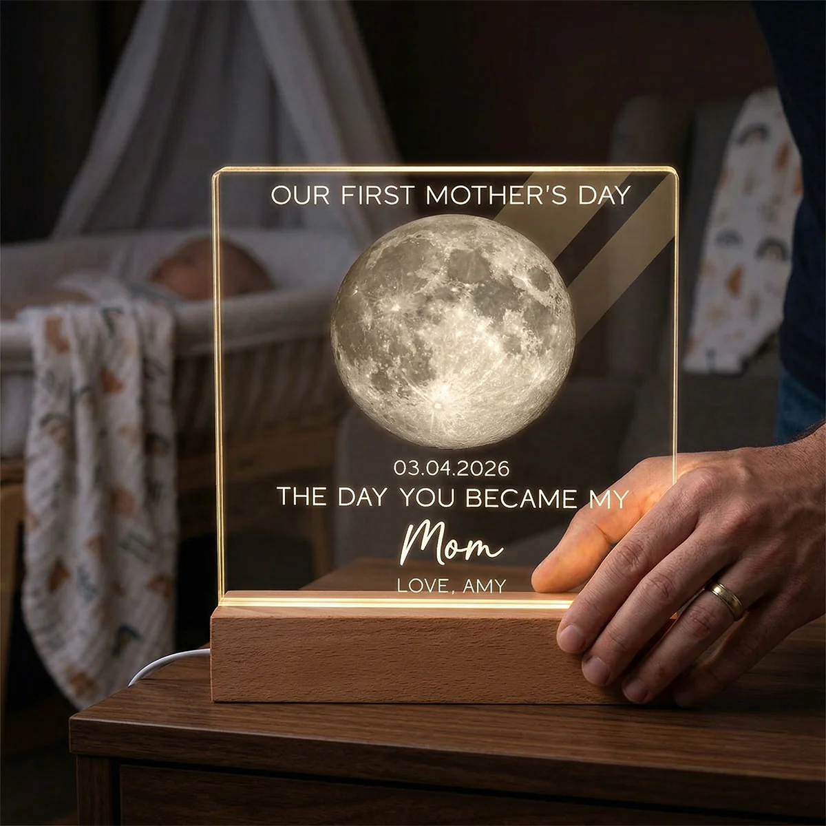 The Day You Became My Mom Custom Moon Phase First Mother's Day - Personalized Acrylic Block Plaque LED Night Light - First Mother's Day Gift For New Mom - Image 3