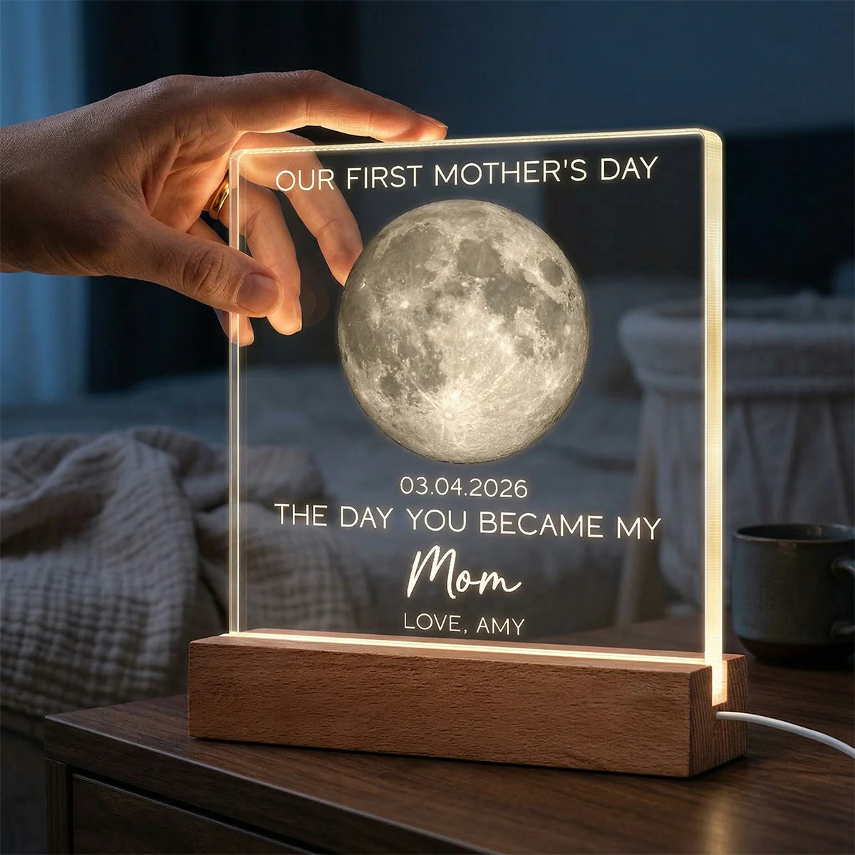 The Day You Became My Mom Custom Moon Phase First Mother's Day - Personalized Acrylic Block Plaque LED Night Light - First Mother's Day Gift For New Mom - Image 4
