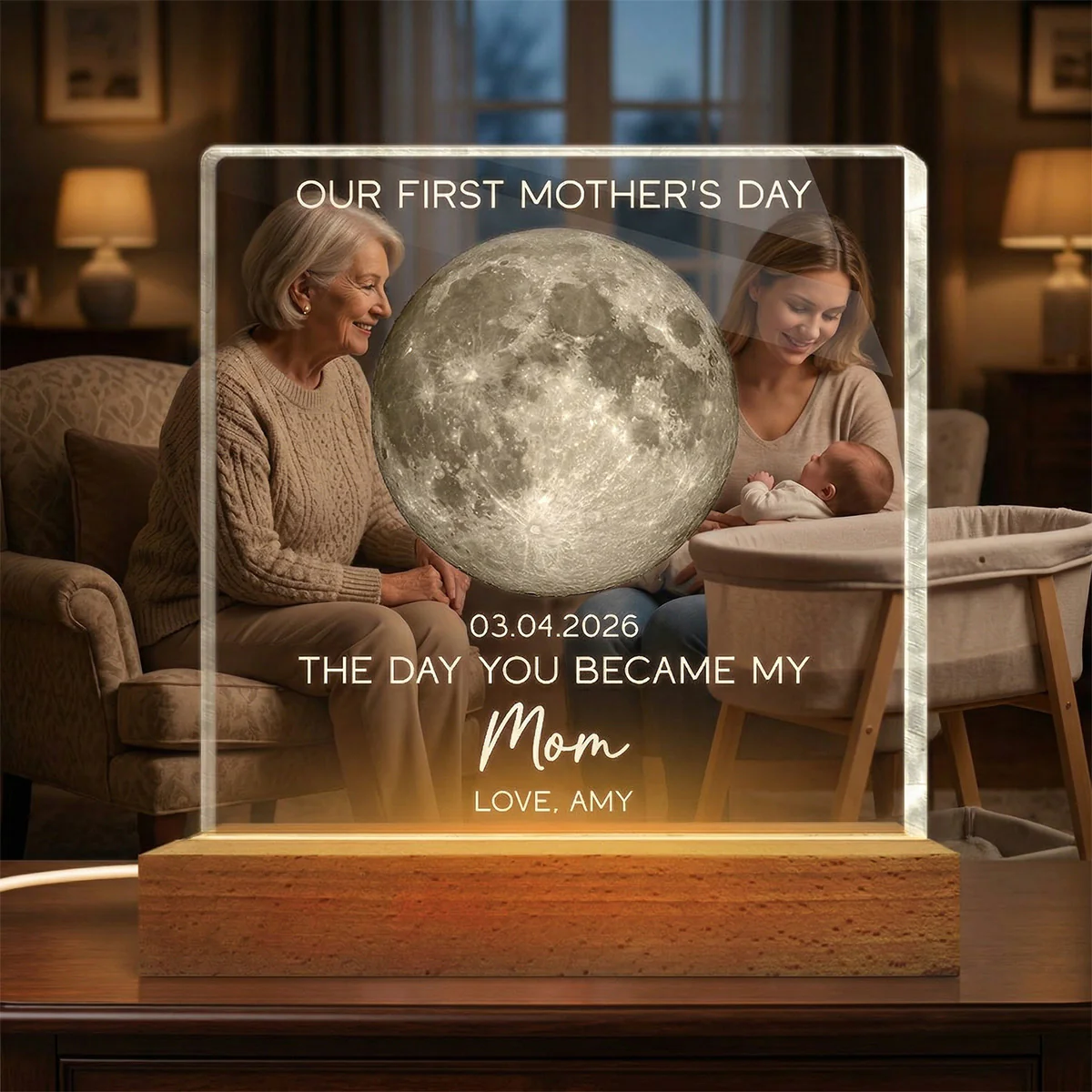 The Day You Became My Mom Custom Moon Phase First Mother's Day - Personalized Acrylic Block Plaque LED Night Light - First Mother's Day Gift For New Mom - Image 5