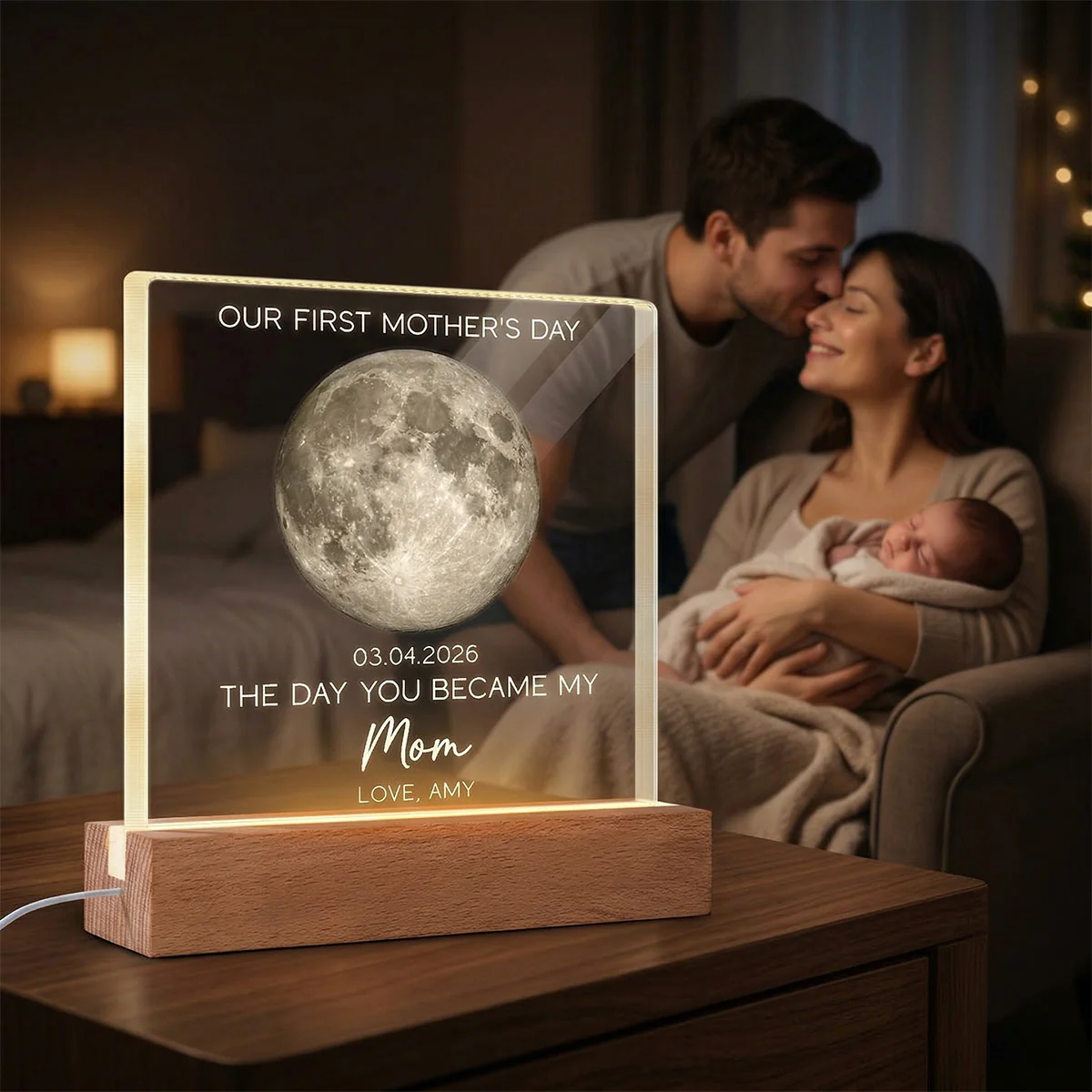 The Day You Became My Mom Custom Moon Phase First Mother's Day - Personalized Acrylic Block Plaque LED Night Light - First Mother's Day Gift For New Mom - Image 6