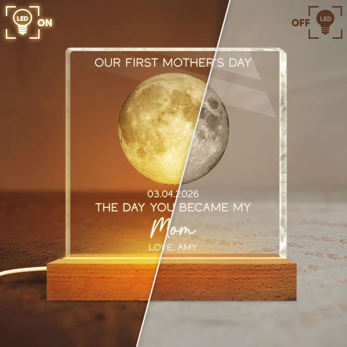 The Day You Became My Mom Custom Moon Phase First Mother's Day - Personalized Acrylic Block Plaque LED Night Light - First Mother's Day Gift For New Mom - Image 9
